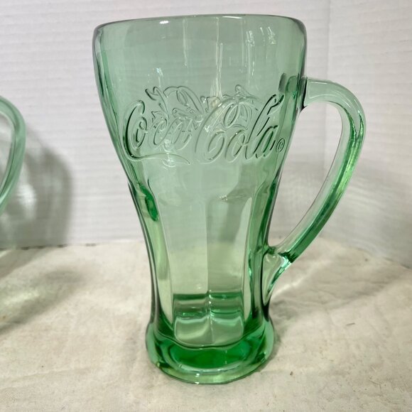 Set Of 4 Coca-Cola Embossed Heavy Green Glass Mugs With Handle Vintage Style 16 - Picture 4 of 11